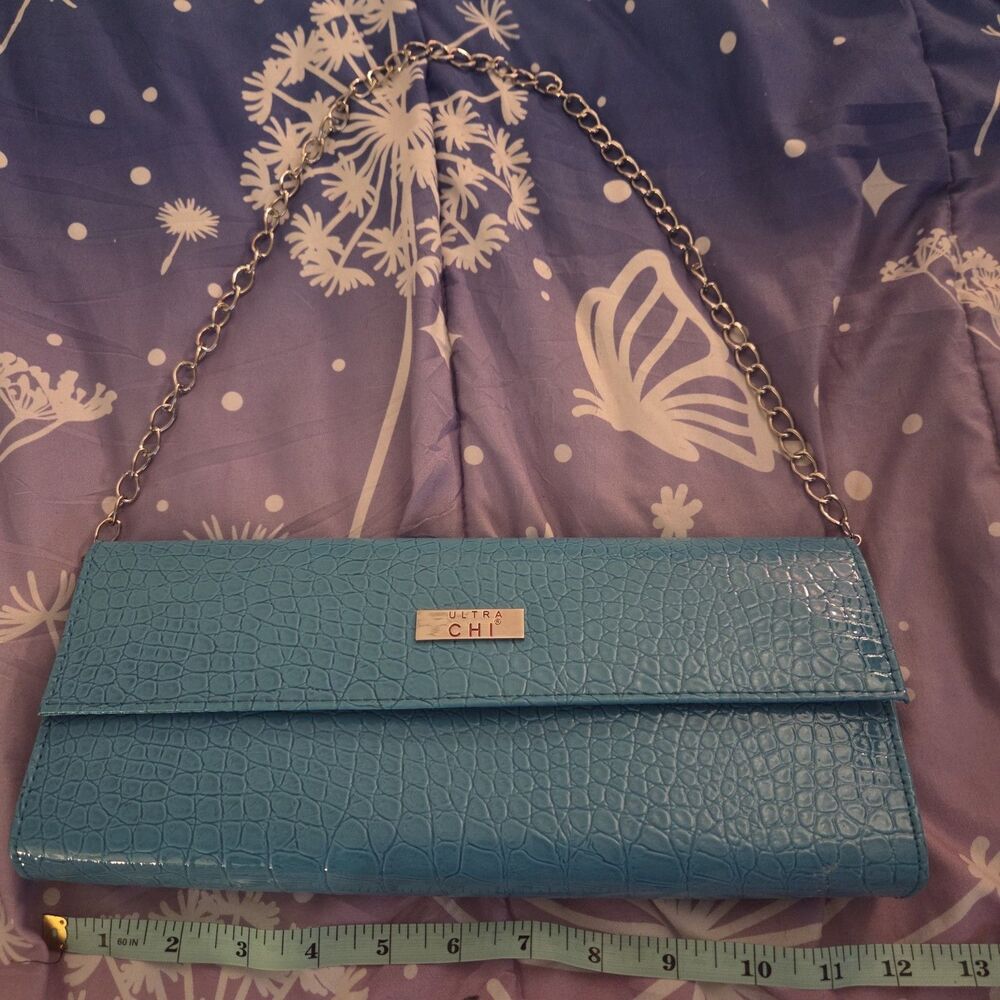 Ultra CHI Teal Faux Croc Clutch Purse Chain Strap Evening Shoulder Bag Y2K